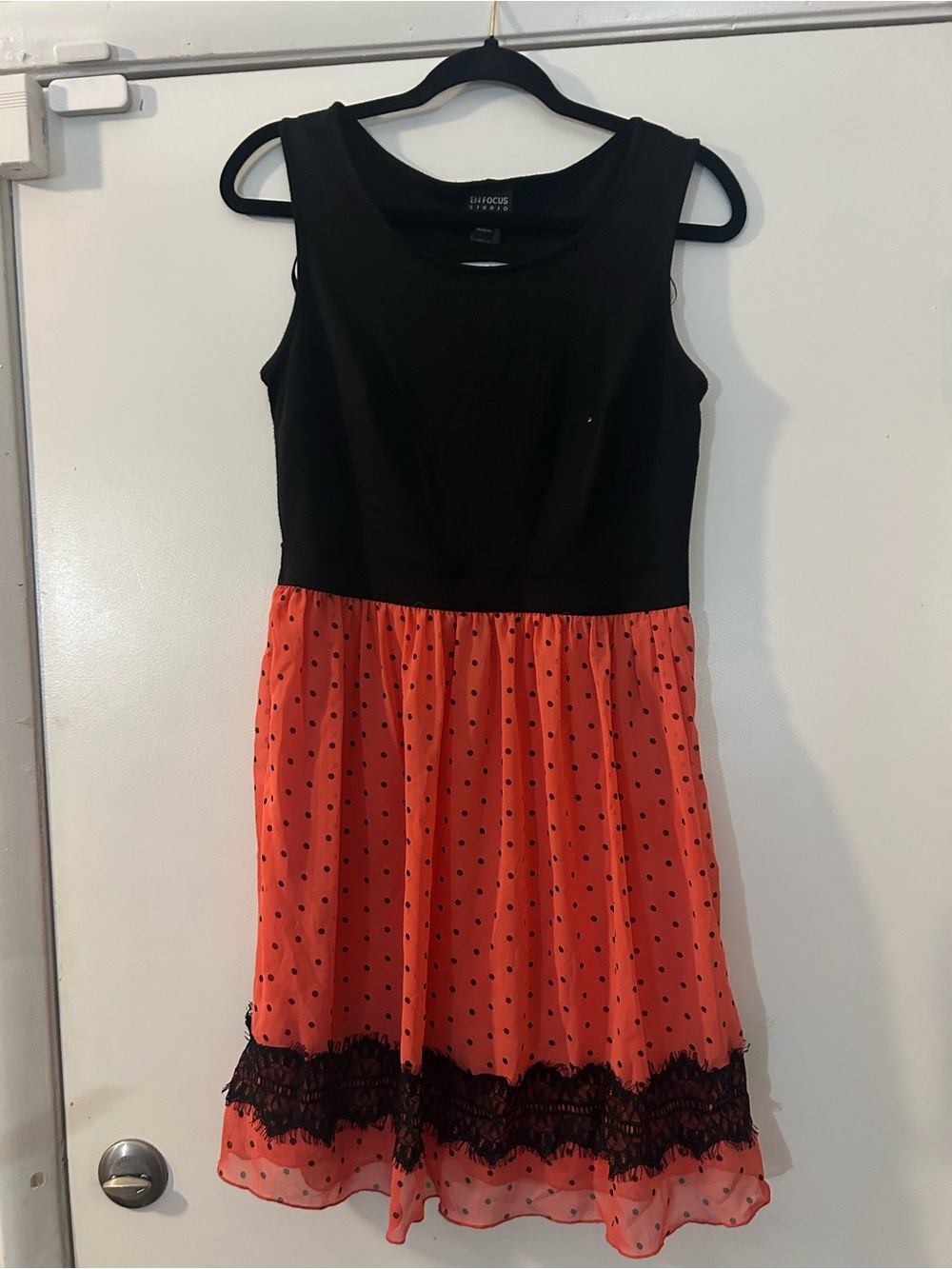 Enfocus Studio Black & Coral Polka Dot Sleeveless Fit-and-Flare Dress